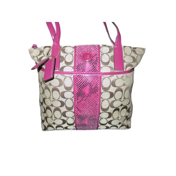 Coach Raspberry Pink & Tan Signature Logo Patent Python Embossed Leather Handbag
